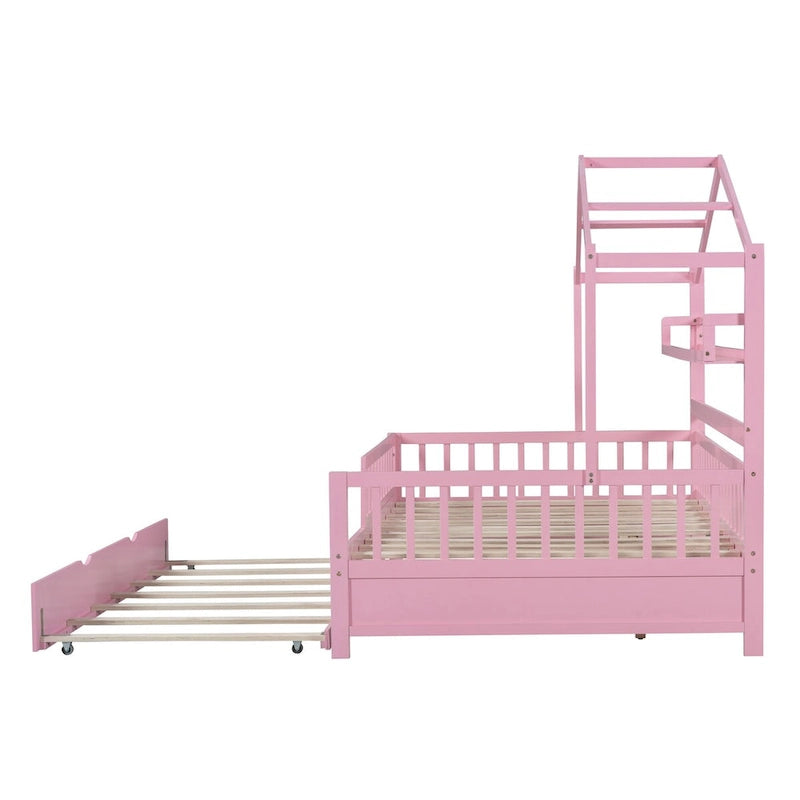 Lit cabane double en bois avec lit gigogne – Plusieurs rangements, barrières de sécurité