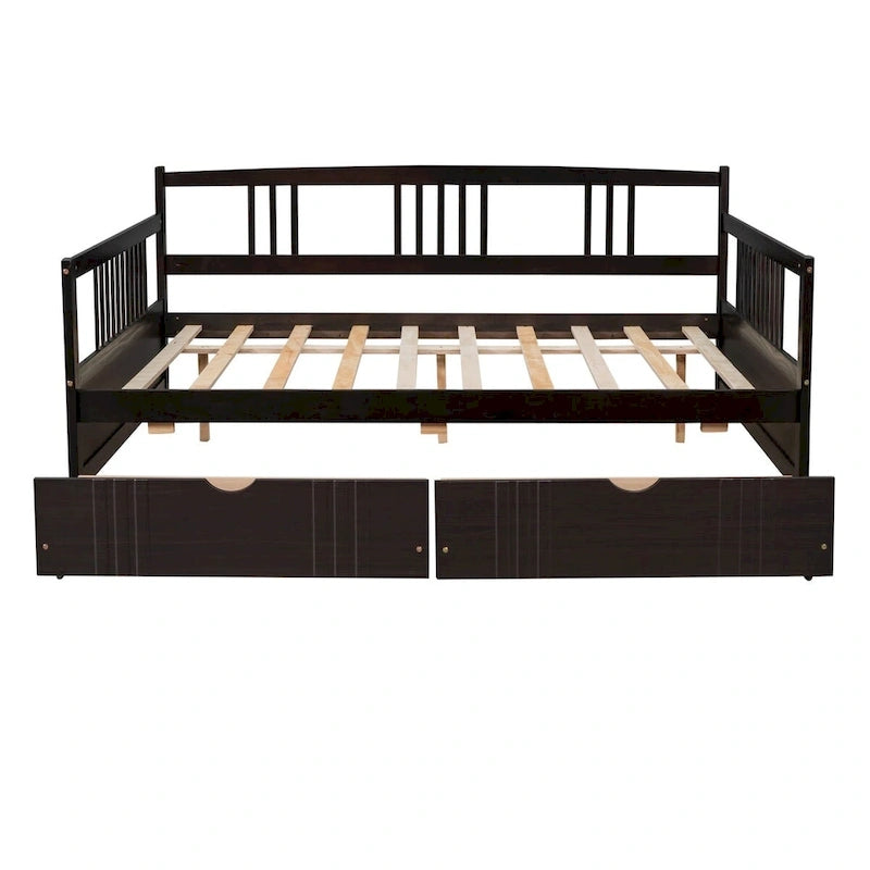 Lit de repos en bois pleine grandeur, canapé-lit, équipé de rampes en bois et de deux tiroirs